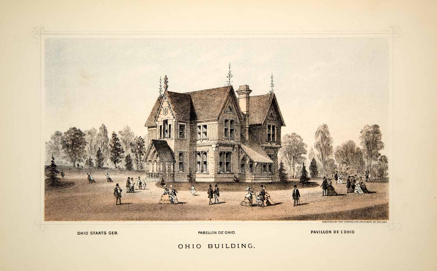 1876 Lithograph Centennial Exposition Philadelphia Fair Ohio State Building CXP1