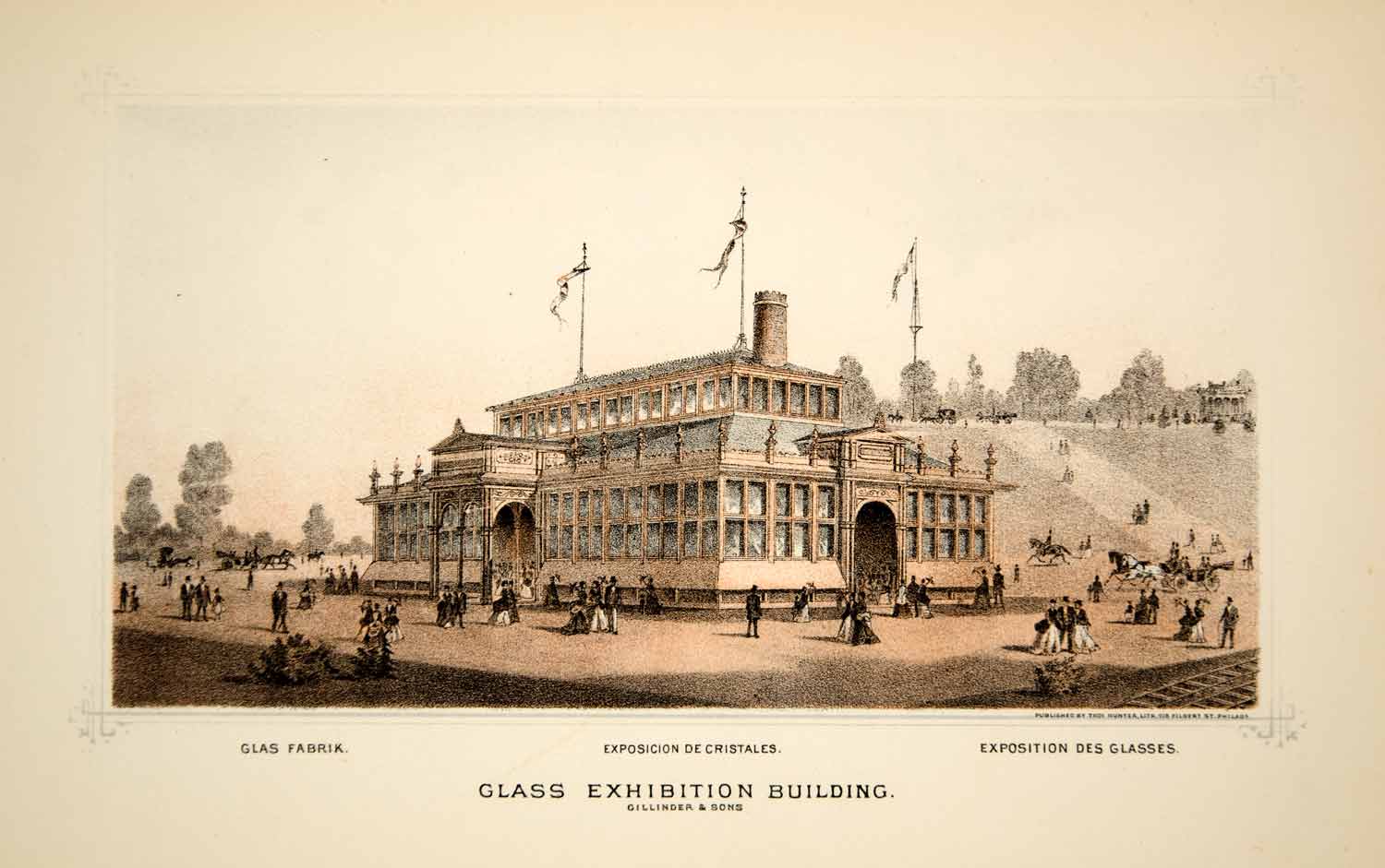 1876 Lithograph Centennial Fair Philadelphia Expo Glass Exhibition Building CXP1