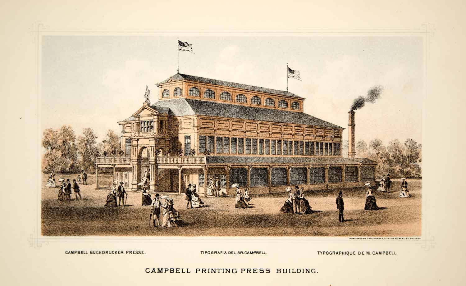 1876 Lithograph Centennial Philadelphia Campbell Printing Press Building CXP1