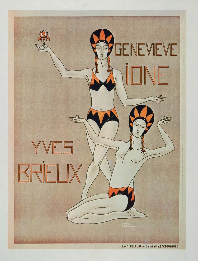 1975 Print Poster Art Deco Genevieve Ione Yves Brieux Acrobatic Dancers Dance