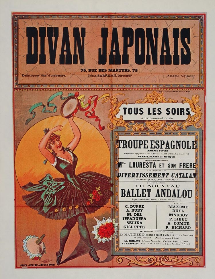 1975 Print Poster Art Paris Cabaret Divan Japonais Dancer Costume Tambourine