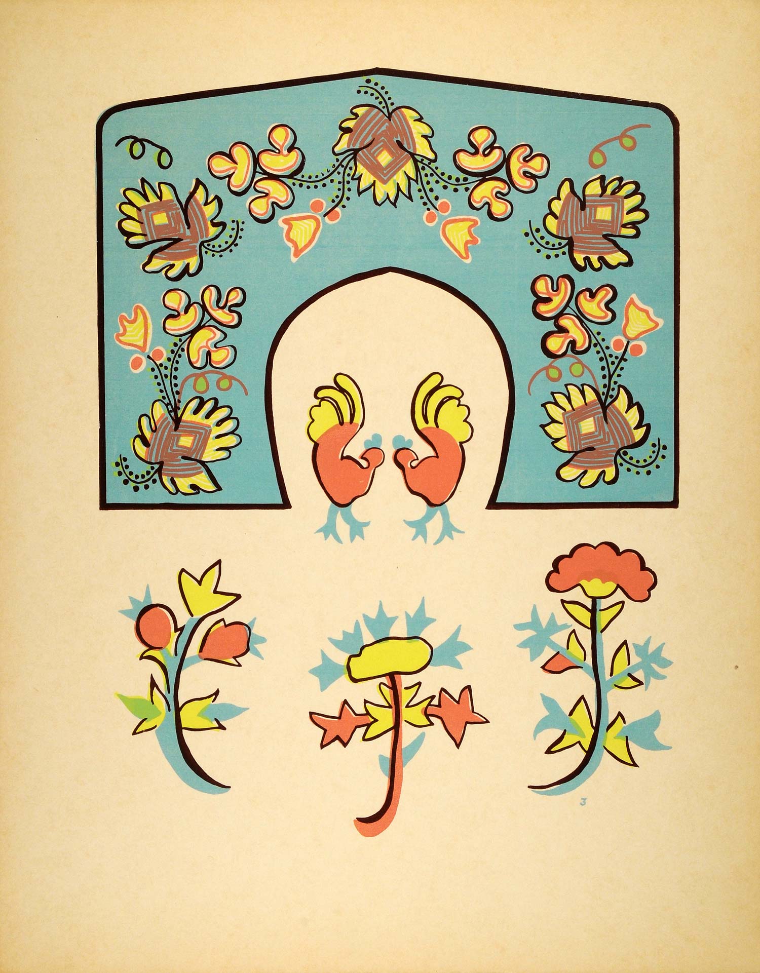 1948 Original Serigraph Chippewa Native Indian Tribal Art Floral Hens DAW1
