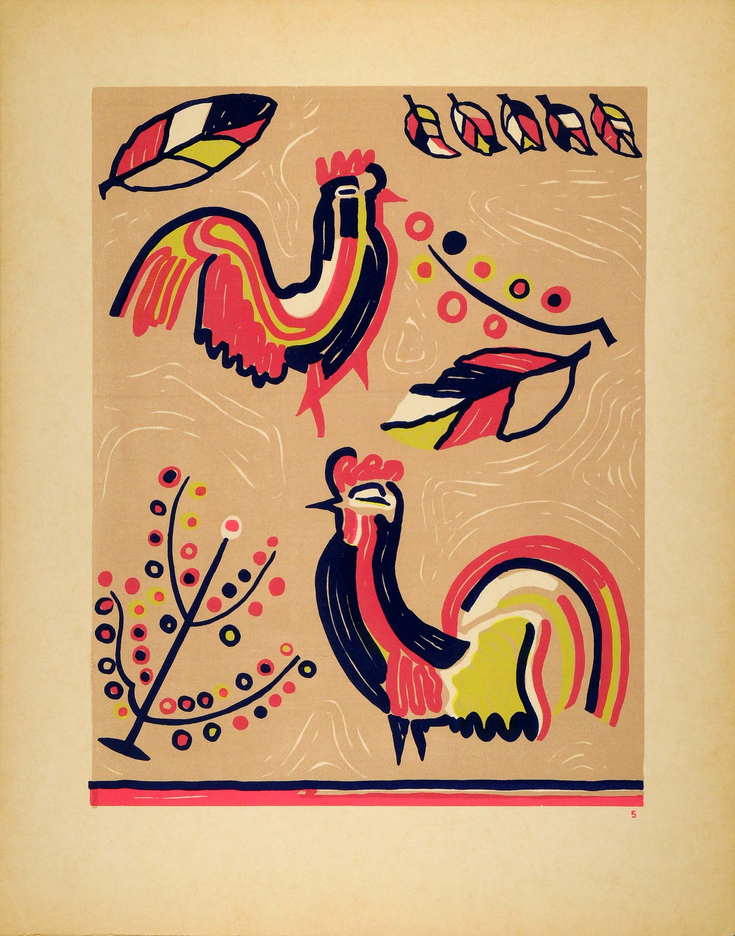 1948 Original Serigraph Finnish Farm Rug Design Art Chickens Leaves DAW1