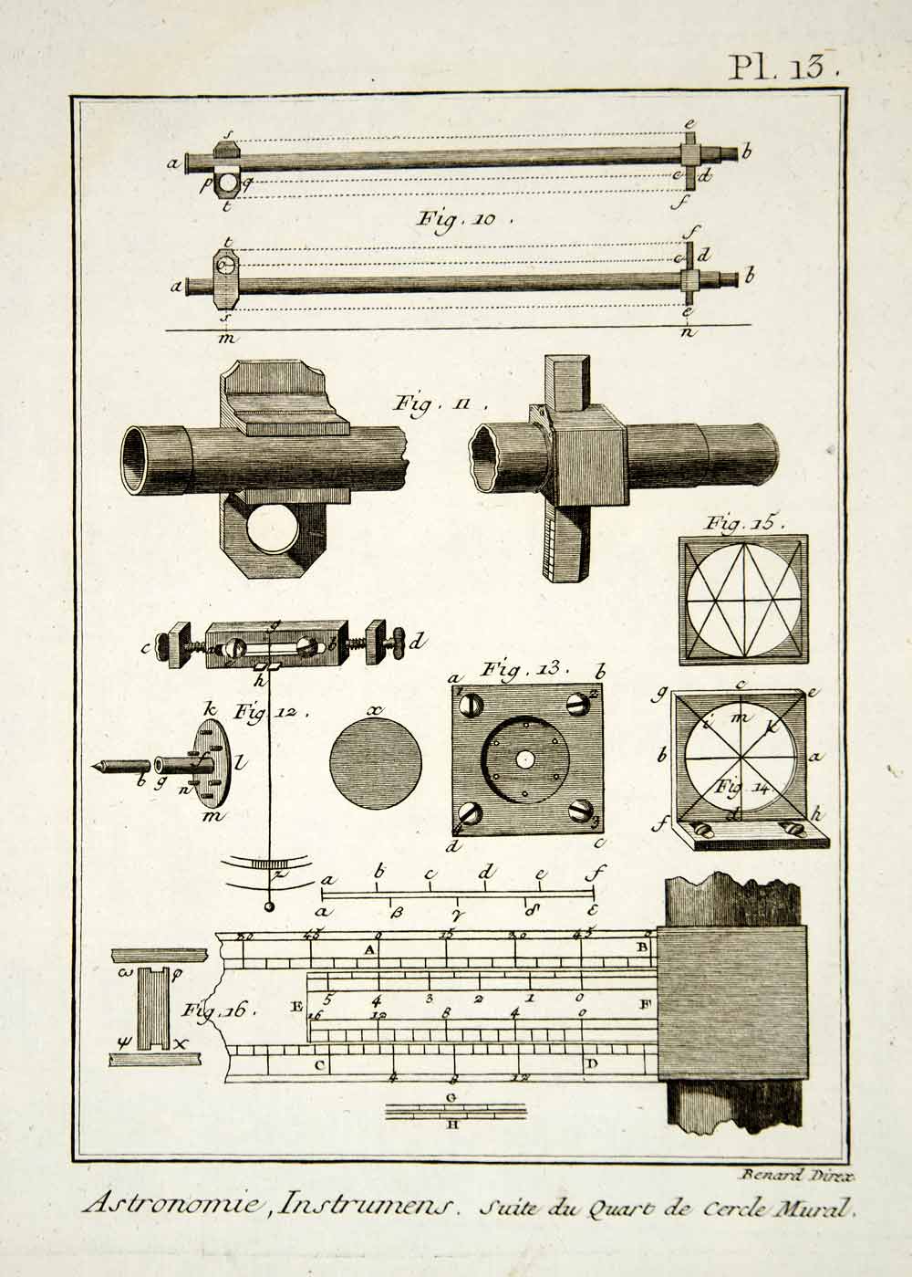 1778 Copper Engraving Antique Astronomy Instruments Parts Diderot Drawing DDR1