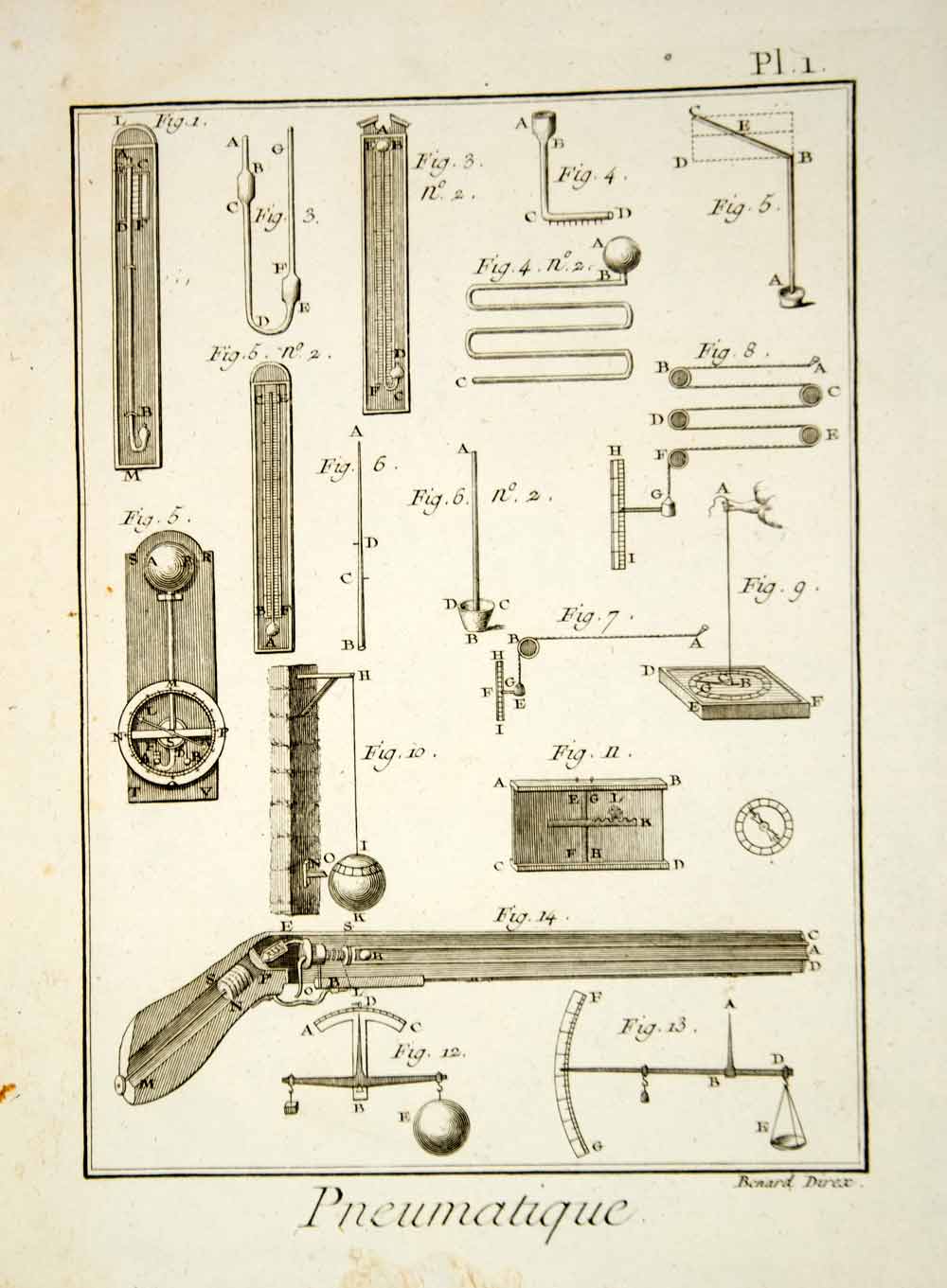 1778 Copper Engraving Pneumatics Barometer Thermometer Arquebus Gun Diderot DDR1