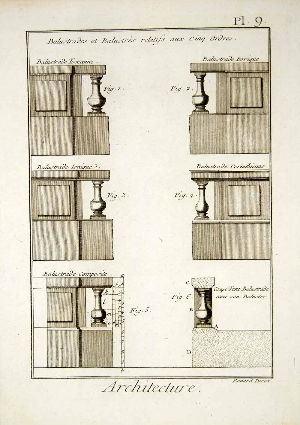 1779 Copper Engraving Architecture Classical Balustrade Baluster Diderot DDR2
