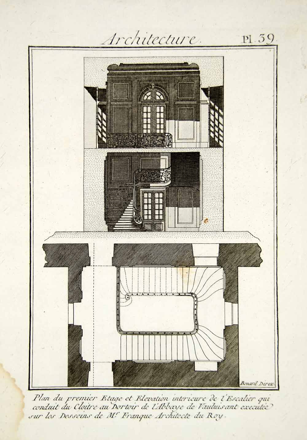 1779 Copper Engraving Architectural Plan Vauluisant Abbey Staircase Fronque DDR2