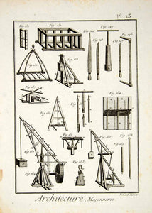 1779 Copper Engraving Antique Stone Masonry Tools Saws Crane Scaffold Print DDR2