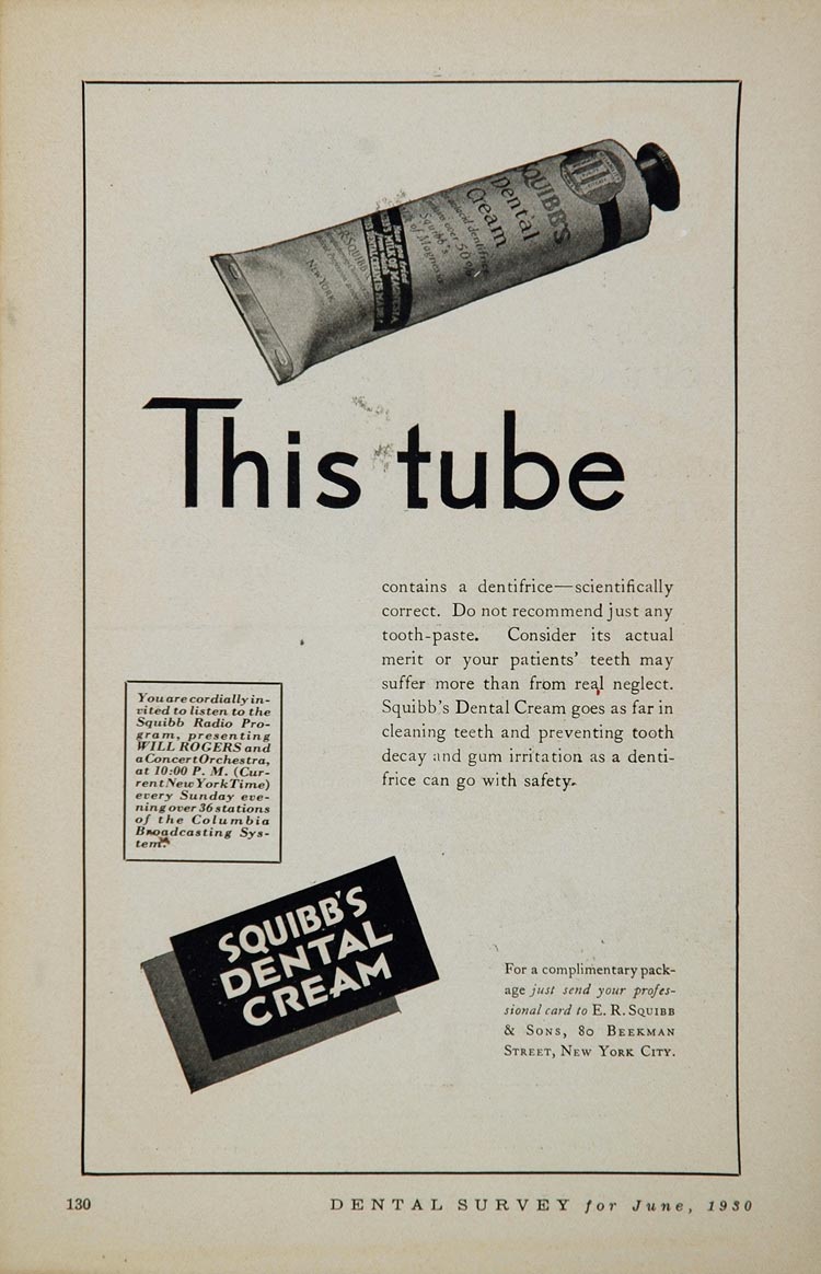 1930 Ad Squibb's Dental Cream Dentifrice Toothpaste - ORIGINAL ADVERTISING