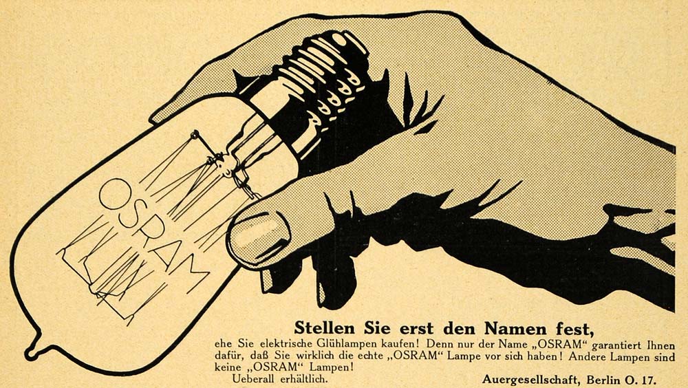 1913 Ad Light Bulb Osram Electricity Berlin Germany Lighting Electric Hand DKU1