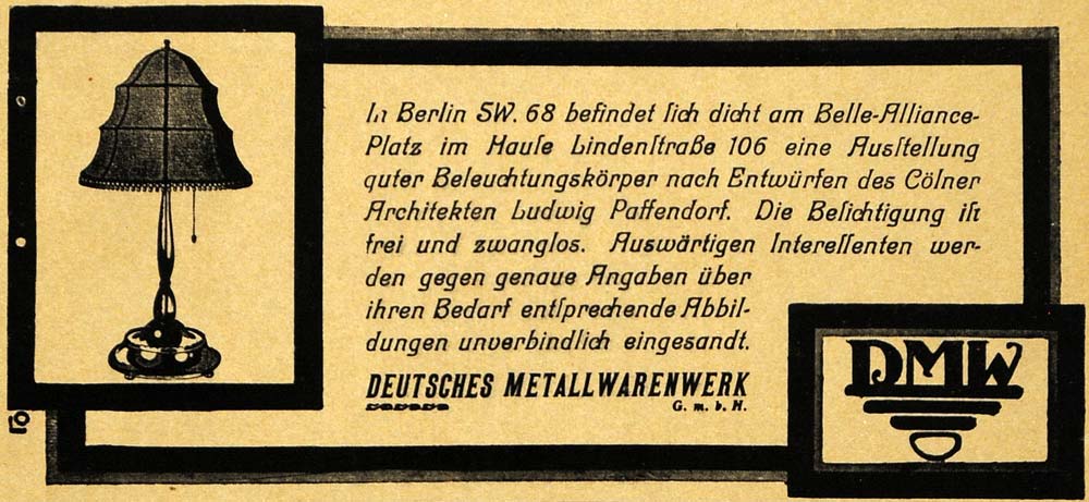 1913 Ad Deutsches Metallwarenwerk Lamp Metalwork German Lighting Decor DKU1
