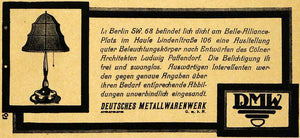 1913 Ad Deutsches Metallwarenwerk Lamp Metalwork German Lighting Decor DKU1