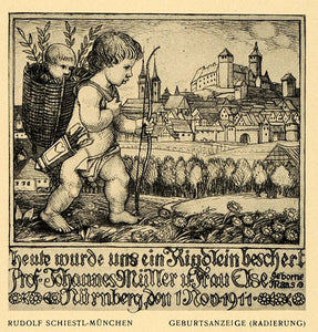 1913 Print Birth Announce Johannes Muller Nurnberg Baby Bow Arrow Basket DKU1