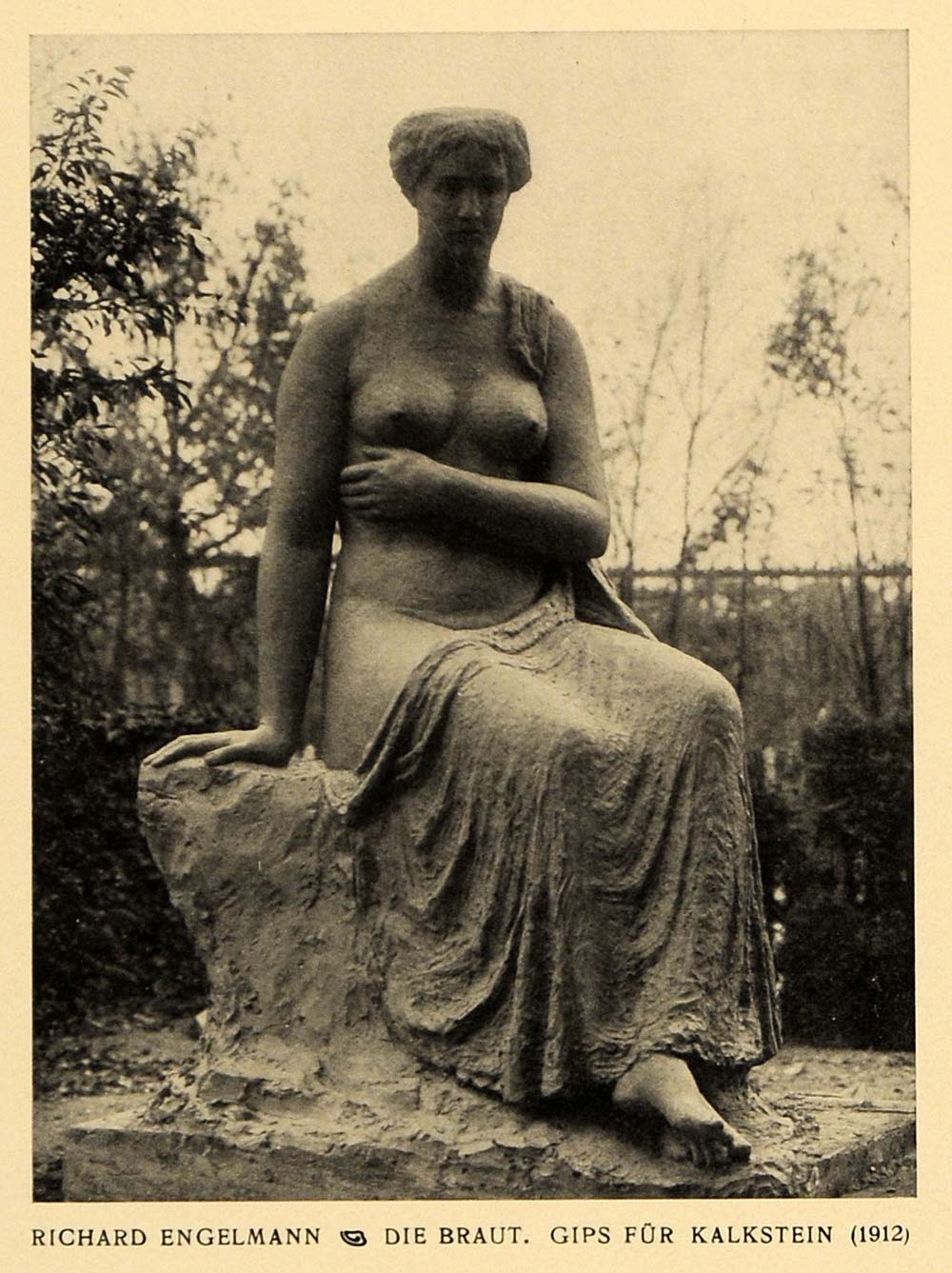 1913 Print Sculpture Braut Nude Woman Art Bride Richard Engelmann limestone DKU1