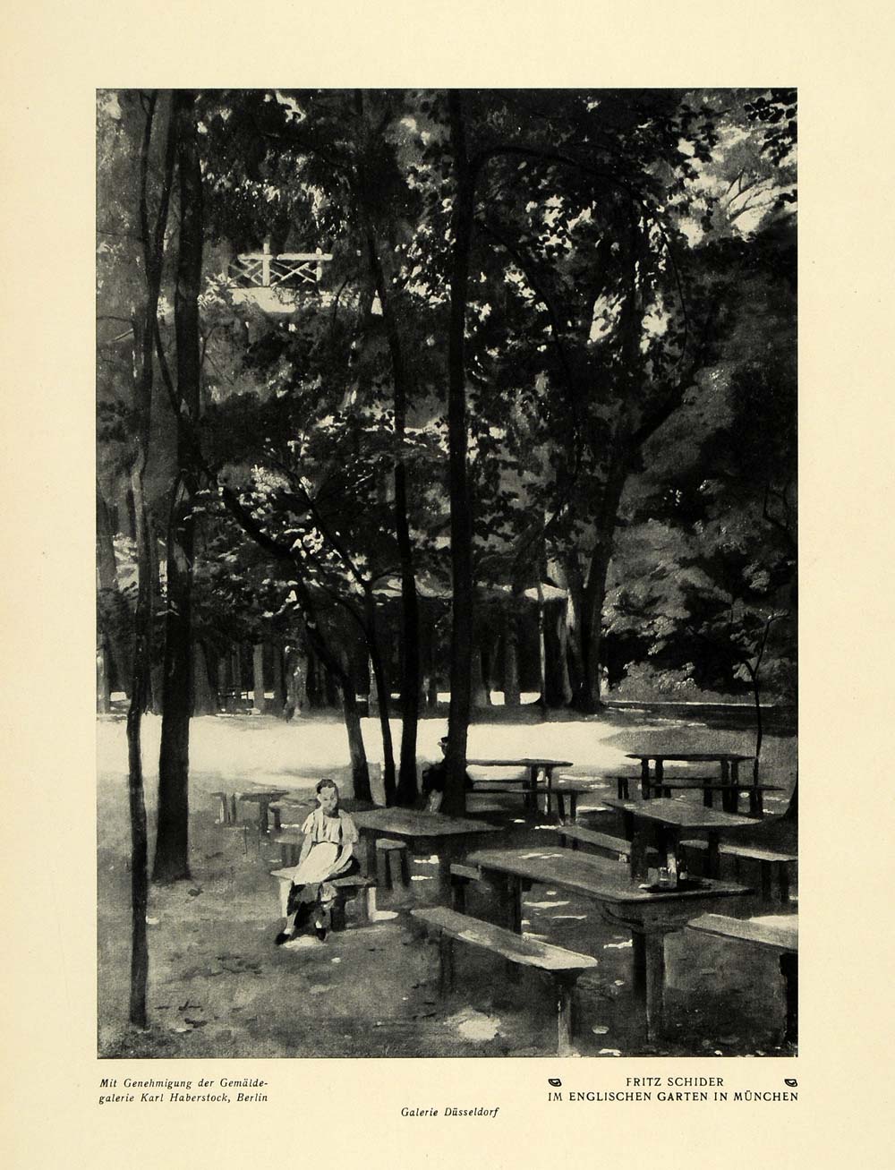 1915 Print English Garden Tables Young Girl Trees Yard Fritz Schider DKU1