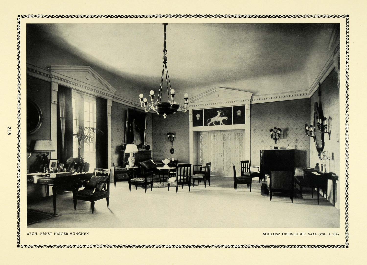 1913 Print Hall Interior Patterns Architecture Design Chandelier Mirro ...