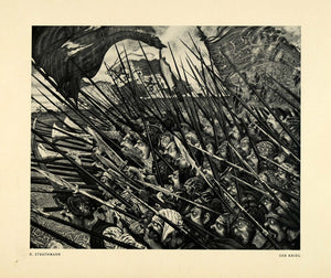 1914 Print War Battle Spear Flags Trumpet Men Anger Art Armor Helmet DKU1