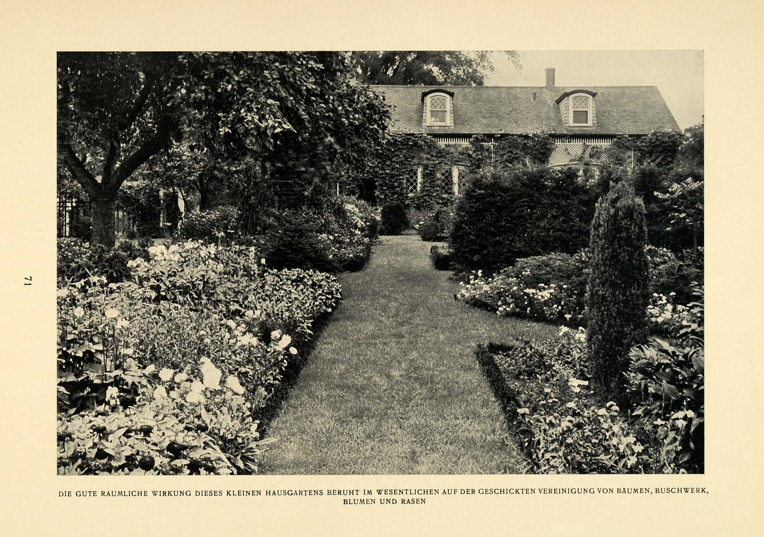 1914 Print Flowers Turf Garden Trees House Exterior Art Landscaping Design DKU1