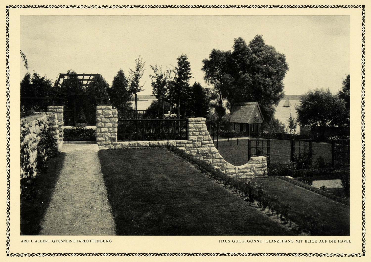 1913 Print Stone Fence Landscape Architecture Yard Art Trees Sailboat Lake DKU1