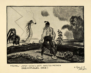 1915 Print German Cartoon Man Watering Garden Dragon Bear Rooster Michel DKU1