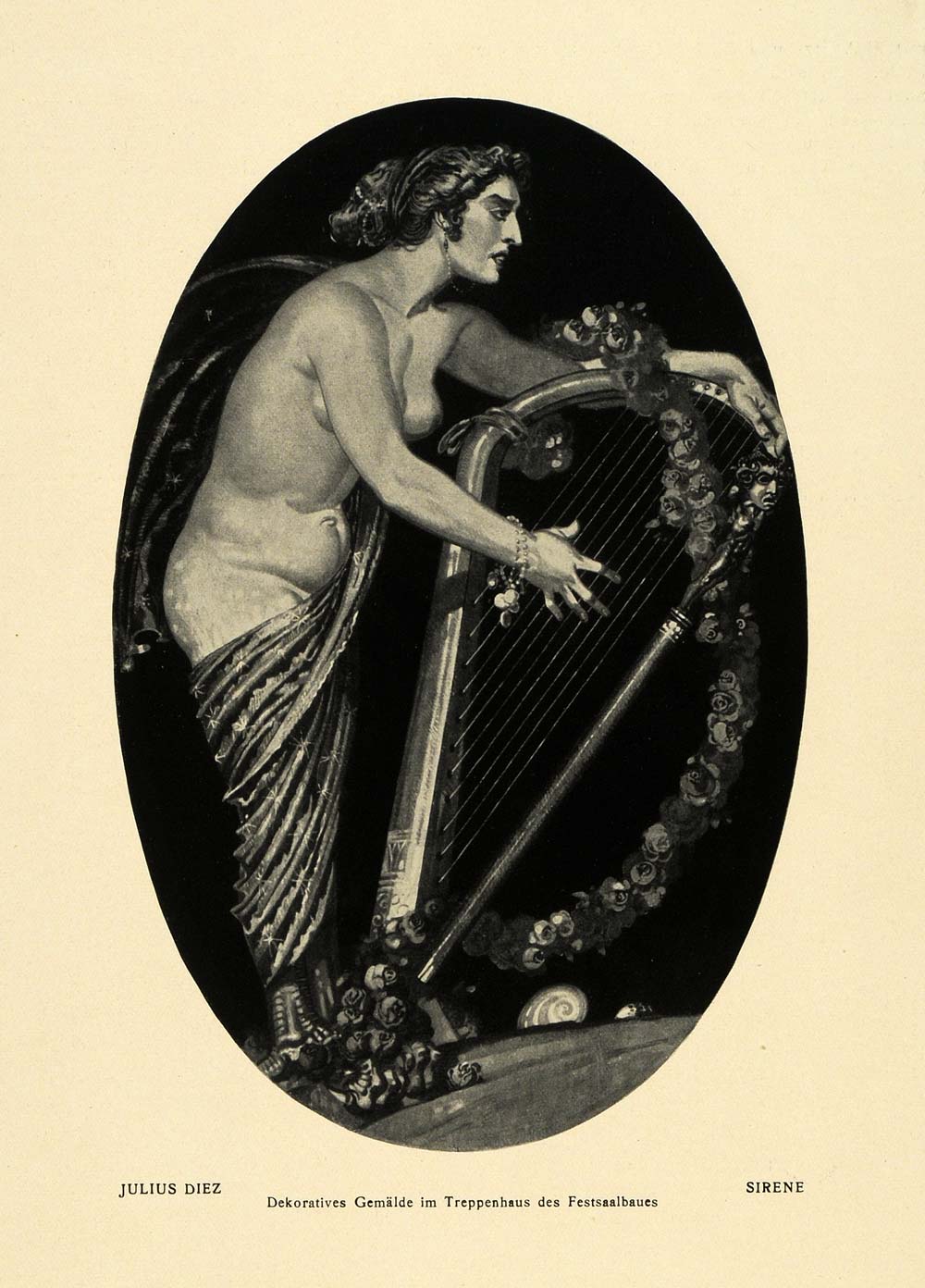 1915 Print Artist Julius Diez Greek Siren Luring Song Harp Nude Painting DKU1