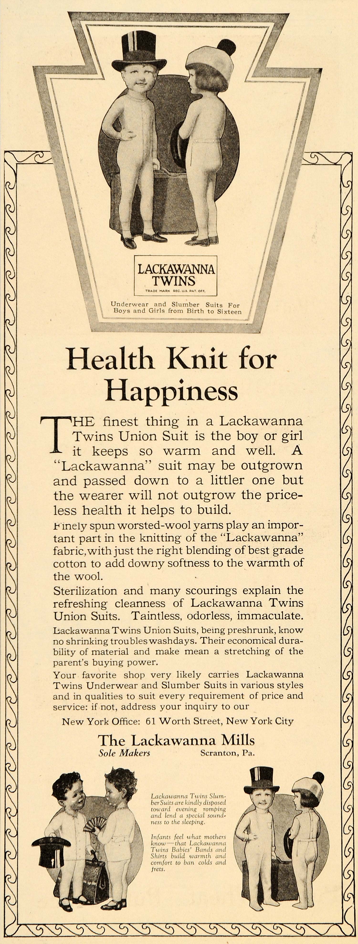 1922 Ad Lackawanna Fabric Mills Slumber Union Suit Baby Twins Child Scranton DL2