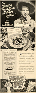 1936 Ad Quaker Oats Puffed Wheat Cereal Breakfast Fred McMurray Texas DL2