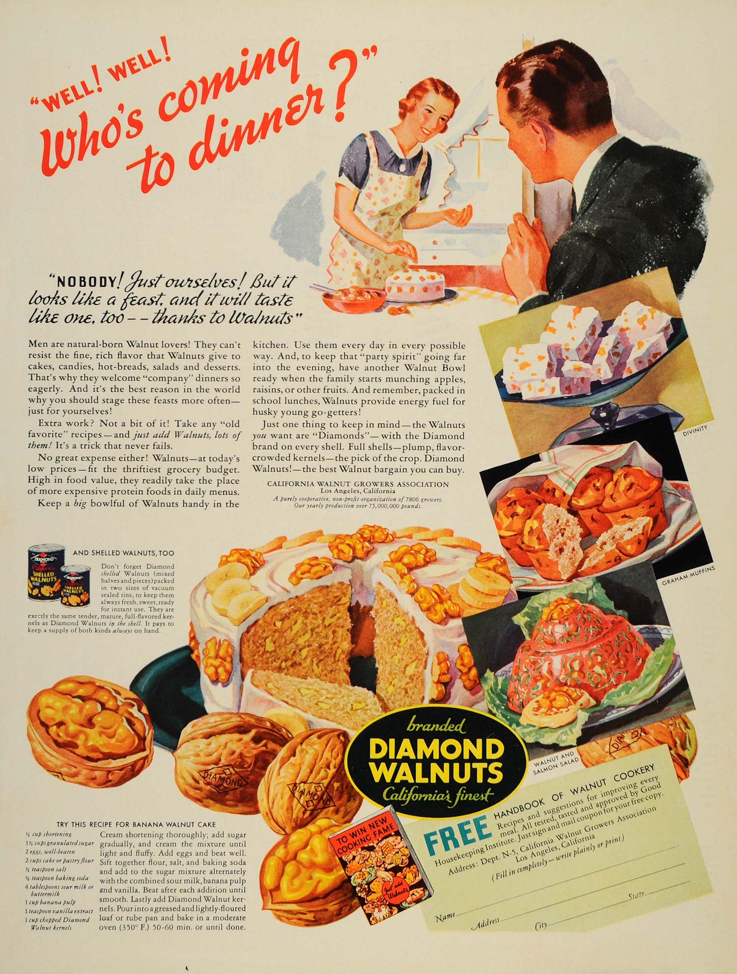 1936 Ad LA California Diamond Walnuts Baking Recipe Wife Growers Association DL2