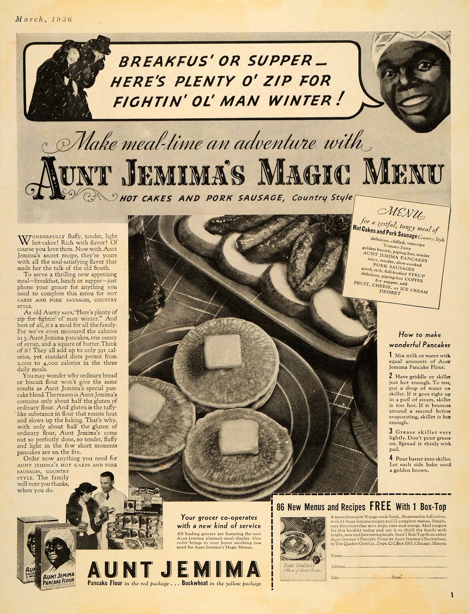 1936 Ad Aunt Jemima Pancake Flour Recipe Mammy Menu Old Man Winter Buckwheat DL2