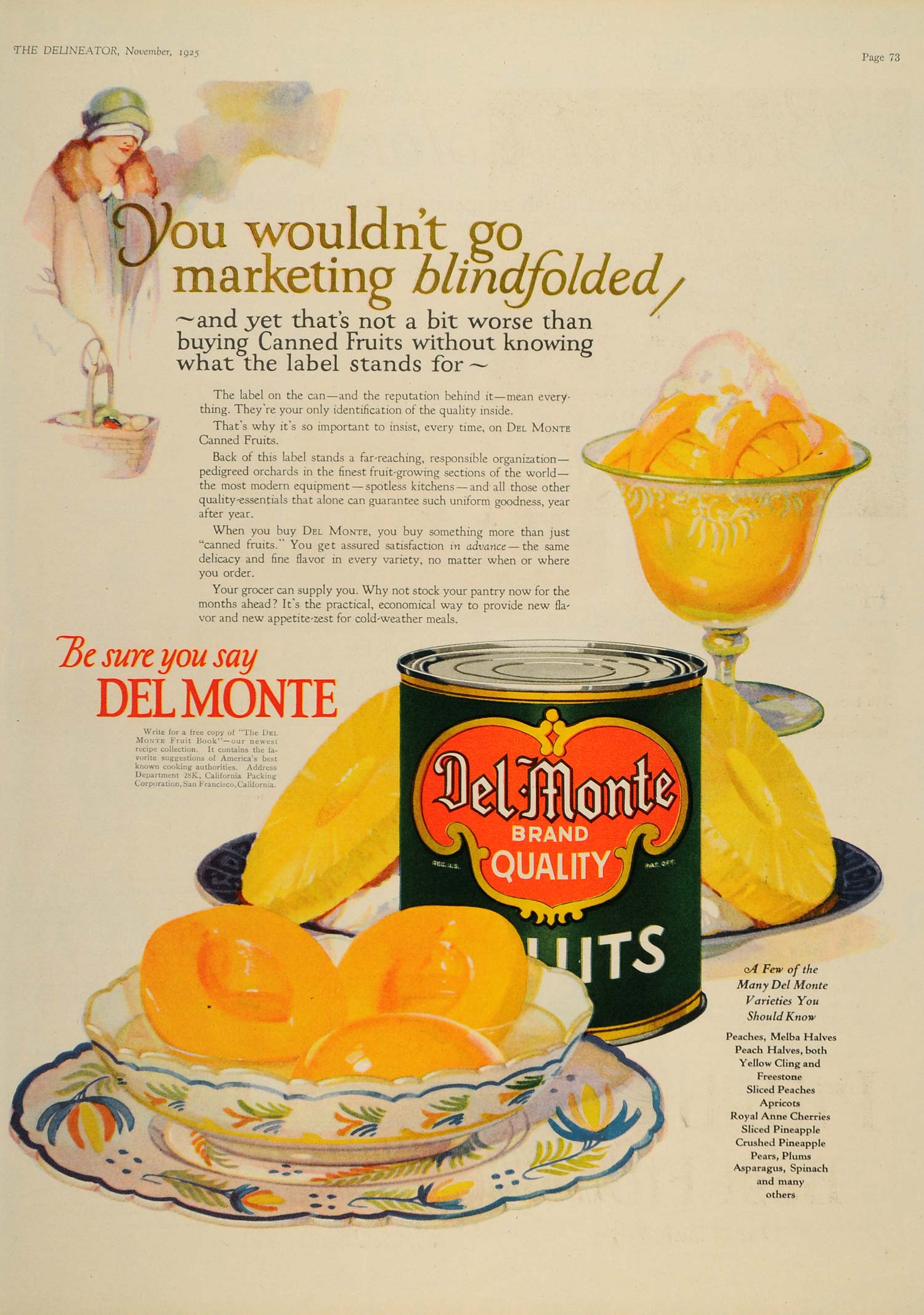 1925 Ad Del Monte Canned Fruit Peach Pineapple Dessert Blindfold Label Art DL2