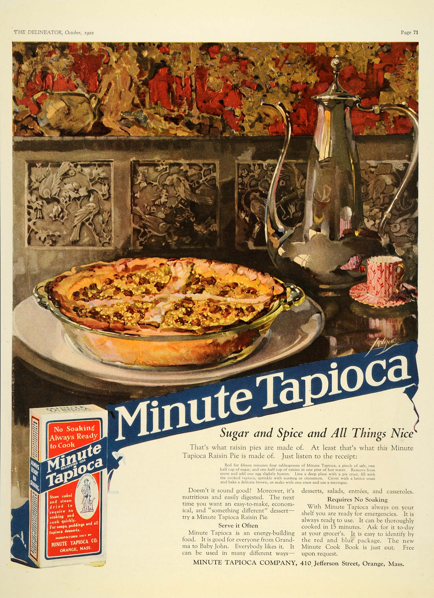 1922 Ad Minute Tapioca Irvine Orange MA Pie Food Illustration Art Vint ...