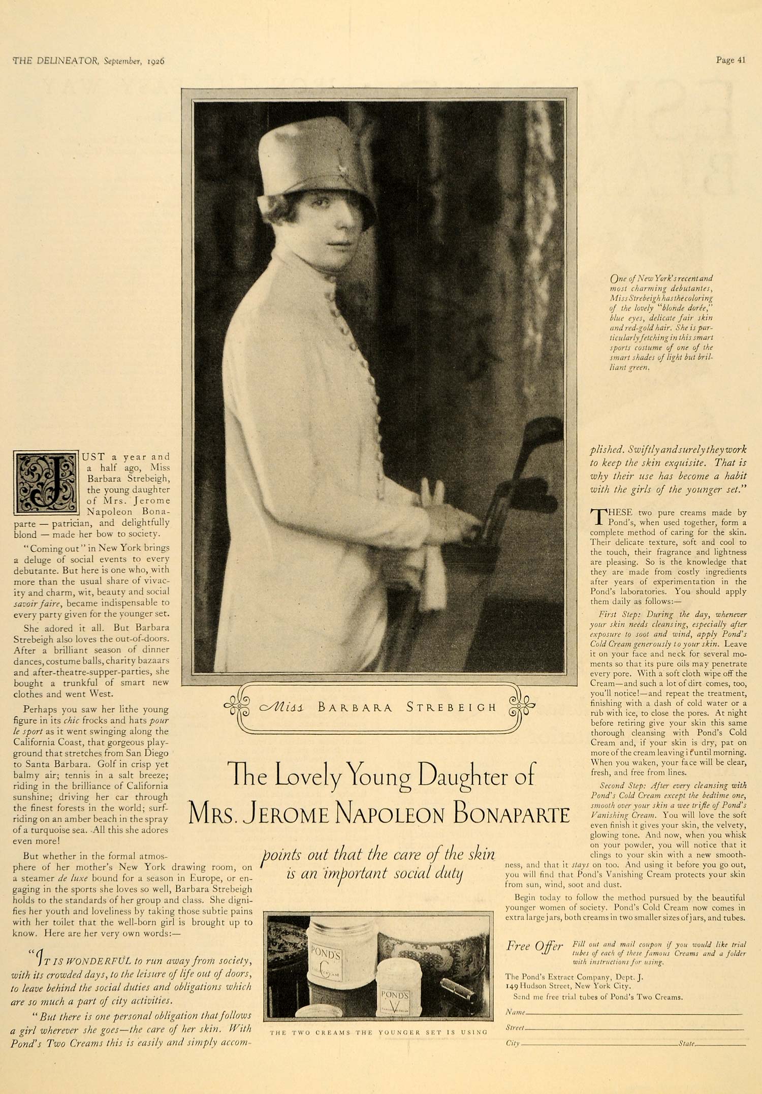 1926 Ad Pond's Extract Face Cream Barbara Strebeigh Debutante Society NY DL2