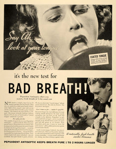 1935 Ad Pepsodent Antiseptic Mouthwash Oral Hygiene Tongue Romance Breath DL2