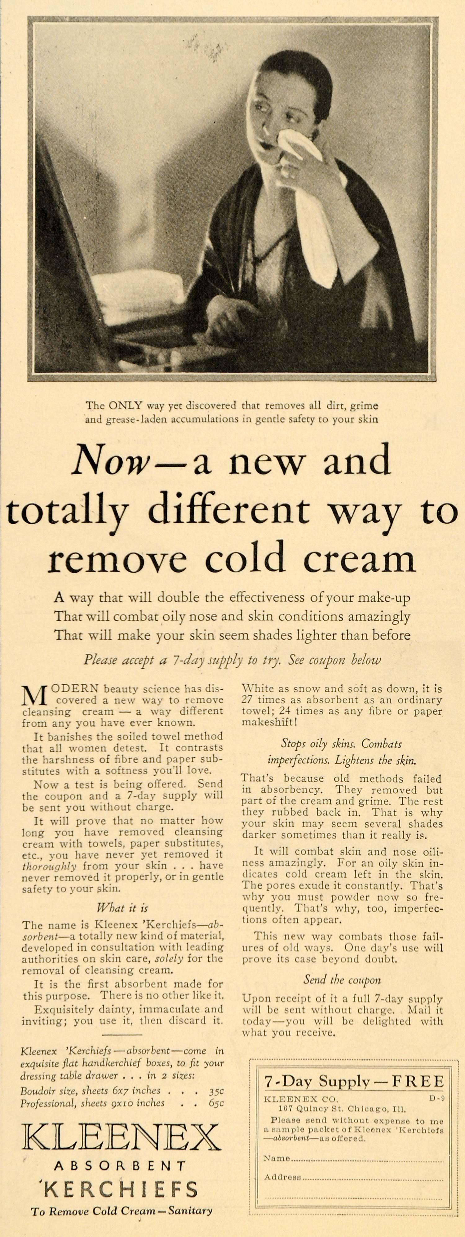 1926 Ad Kleenex Paper Facial Tissue Kerchiefs Chicago Sanitary Cold Cream DL2