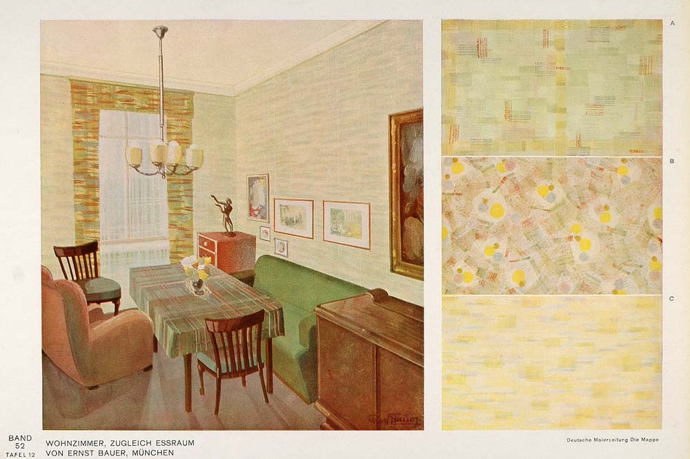 1932 Art Deco Living Room Sofa Table Wallpaper Print - ORIGINAL DMA1
