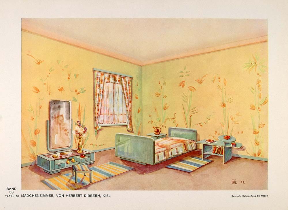 1933 Art Deco Girl's Bedroom Bed Interior Design Print - ORIGINAL DMA1