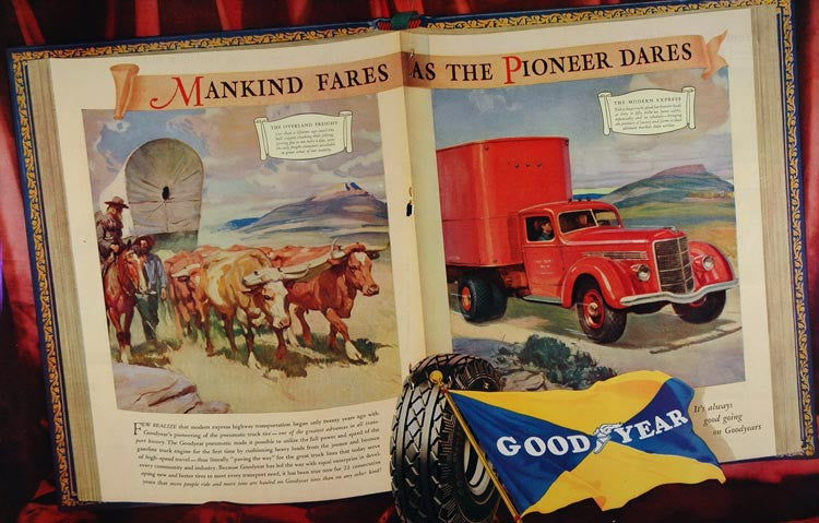 1937 Double Page Ad Goodyear Tire Freight Truck Wagon - ORIGINAL ADVERTISING DP1 - Period Paper
