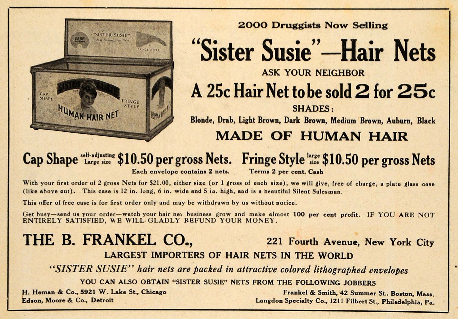 1920 Ad B. Frankel Sister Susie Human Shade Color Hair Net Caps Fashion DRC1