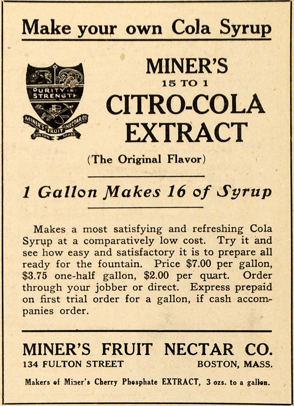 1920 Ad Miner's Nectar Citro-Cola Extract Syrup Shield 134 Fulton St Boston DRC1