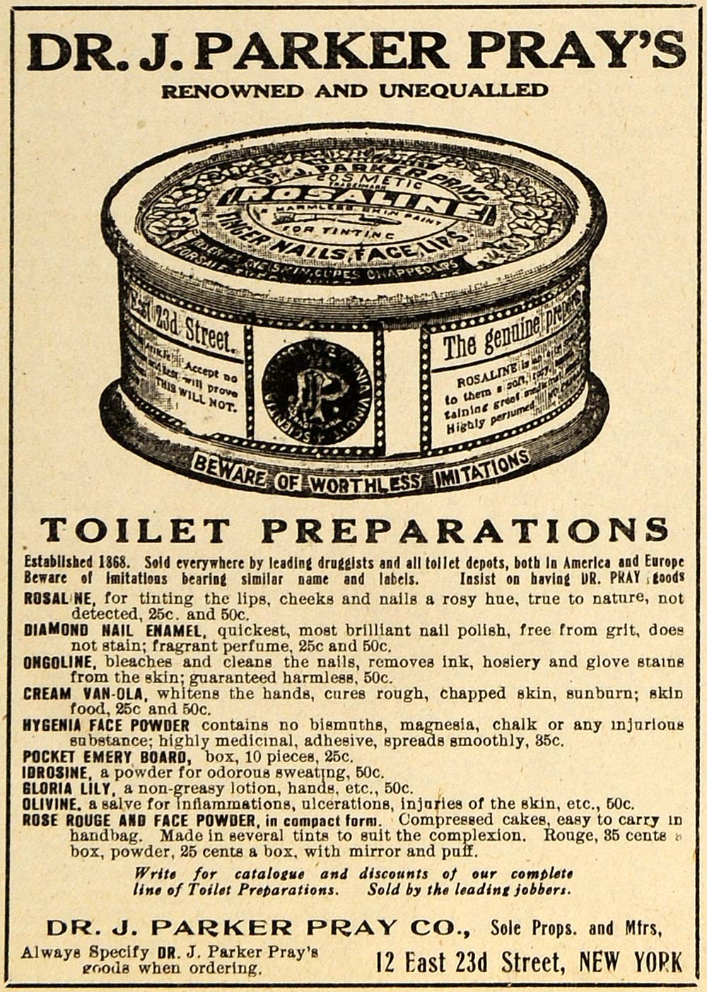 1920 Ad Dr. J. Parker Pray Cosmetic Makeup Powder Tint Nail Toilet Beauty DRC1