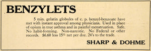 1920 Ad Sharp Dohme Non-Narcotic Benzylet Asthma Remedy Menstration DRC1