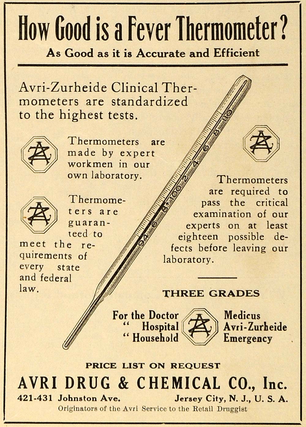 1921 Ad Drug Chemicals Avri-Zurheide Fever Thermometers Jersey City NJ DRC1