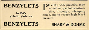 1921 Ad Sharp Dohme Benzylet Medication Pain Cough Physician Asthma DRC1
