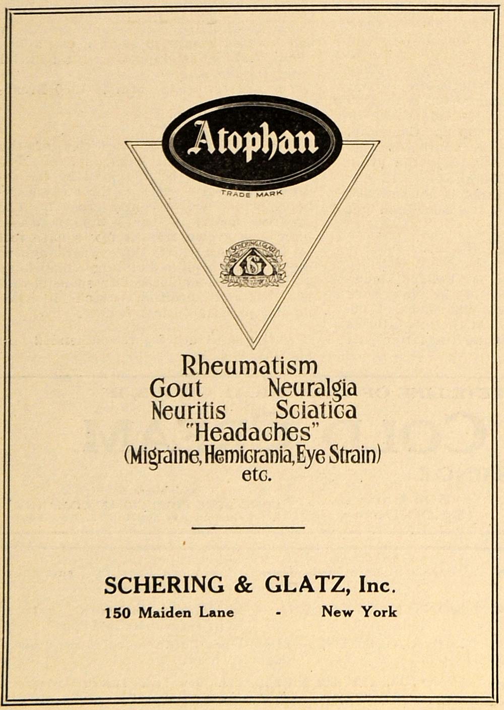 1921 Ad Schering Glatz Atophan Gout Headache Neuritis 150 Maiden Lane NY DRC1