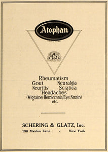 1921 Ad Schering Glatz Atophan Gout Headache Neuritis 150 Maiden Lane NY DRC1