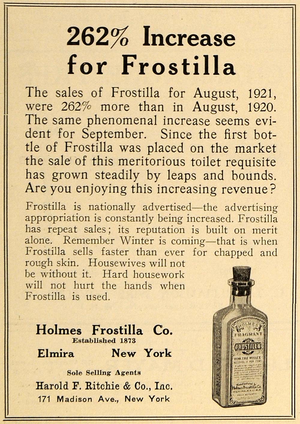 1921 Ad Holmes Frostilla Harold F. Ritchie Skin Cream 171 Madison Ave NY DRC1