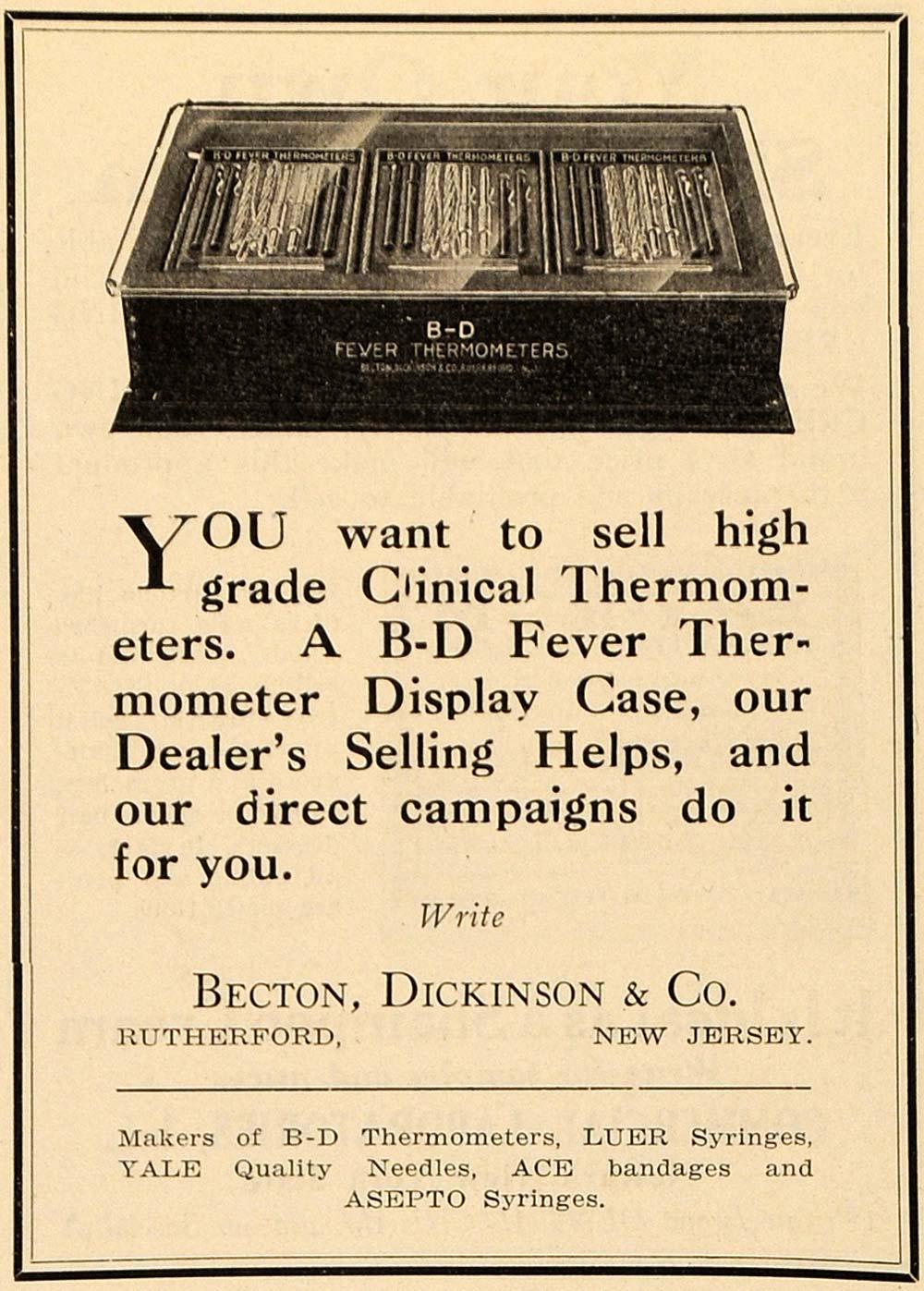 1921 Ad Becton Dickinson Clinical B-D Thermometer Case Syringe Needle DRC1