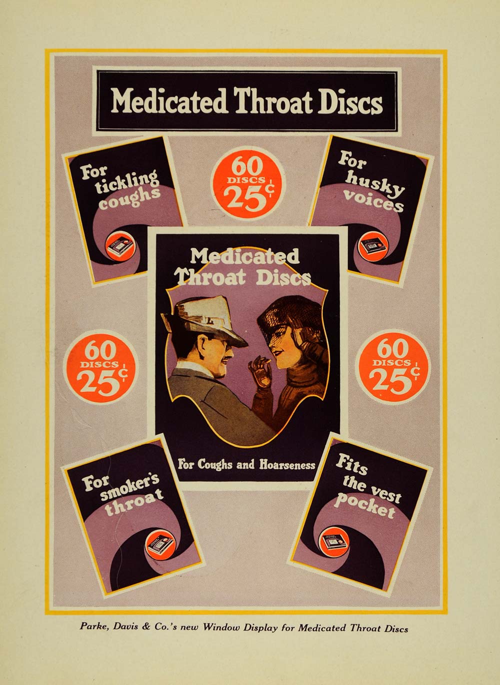 1920 Ad Parke Davis Medicated Throat Discs Cough Drops Couple Pruple Smoker DRC1