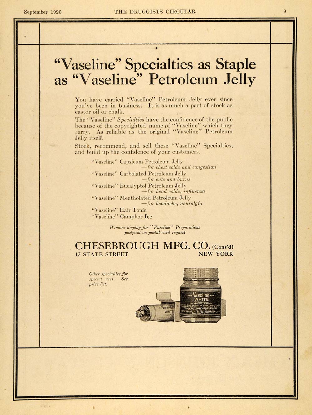 1920 Ad Chesebrough Vaseline Medicinal Petroleum Jelly 17 State St NY Cut DRC1