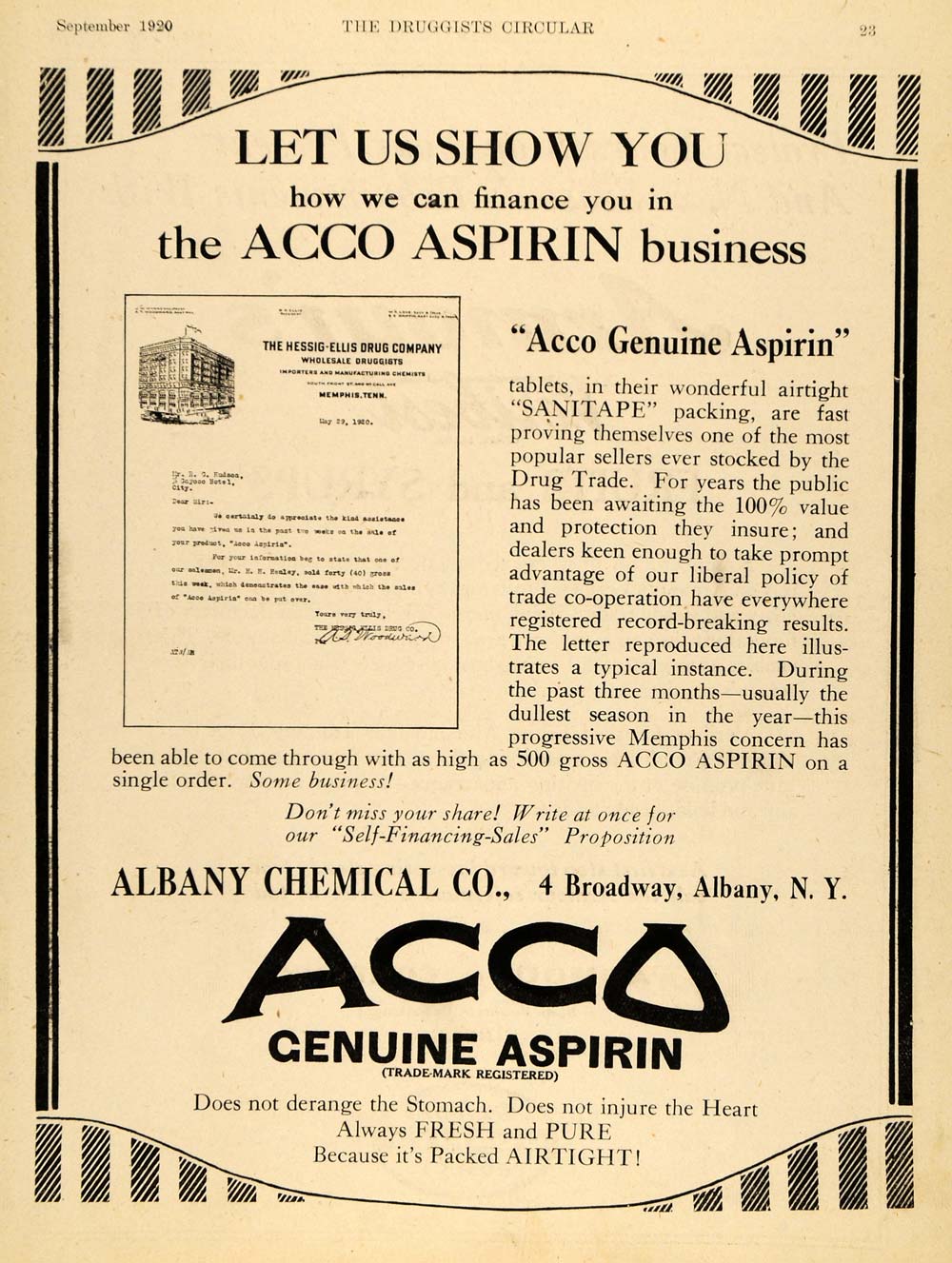 1920 Ad Albany Chemicals Acco Aspirin Shares Hessig Ellis Sanitape Albany DRC1